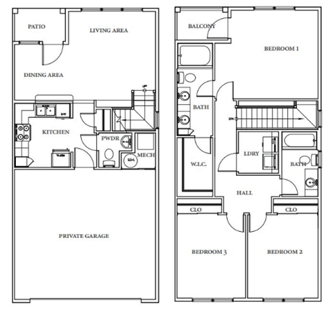 Floor plan for 3 beds, 2.5 baths, 1708 sqft